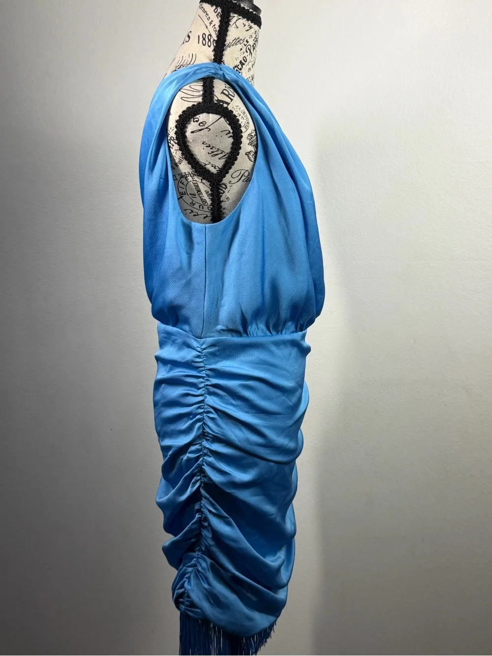 Blue Ruched One Shoulder Fringe Dress SAYLOR L NWT